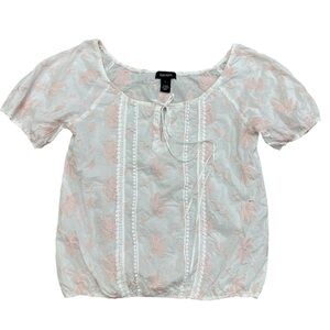 Karen Kane Embroidered Blouse Womens Sz L Boho Peasant Pink White Floral